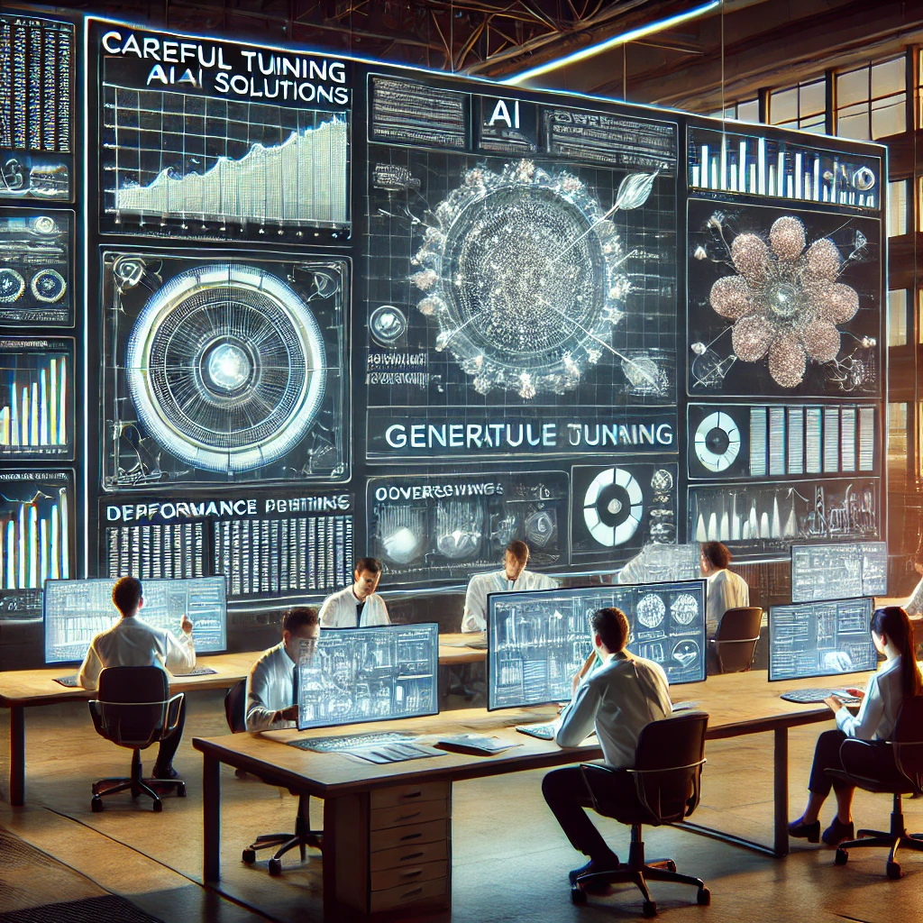 Data scientists and AI engineers monitoring generative AI outputs with performance dashboards, refining AI models and overseeing governance and risk management.